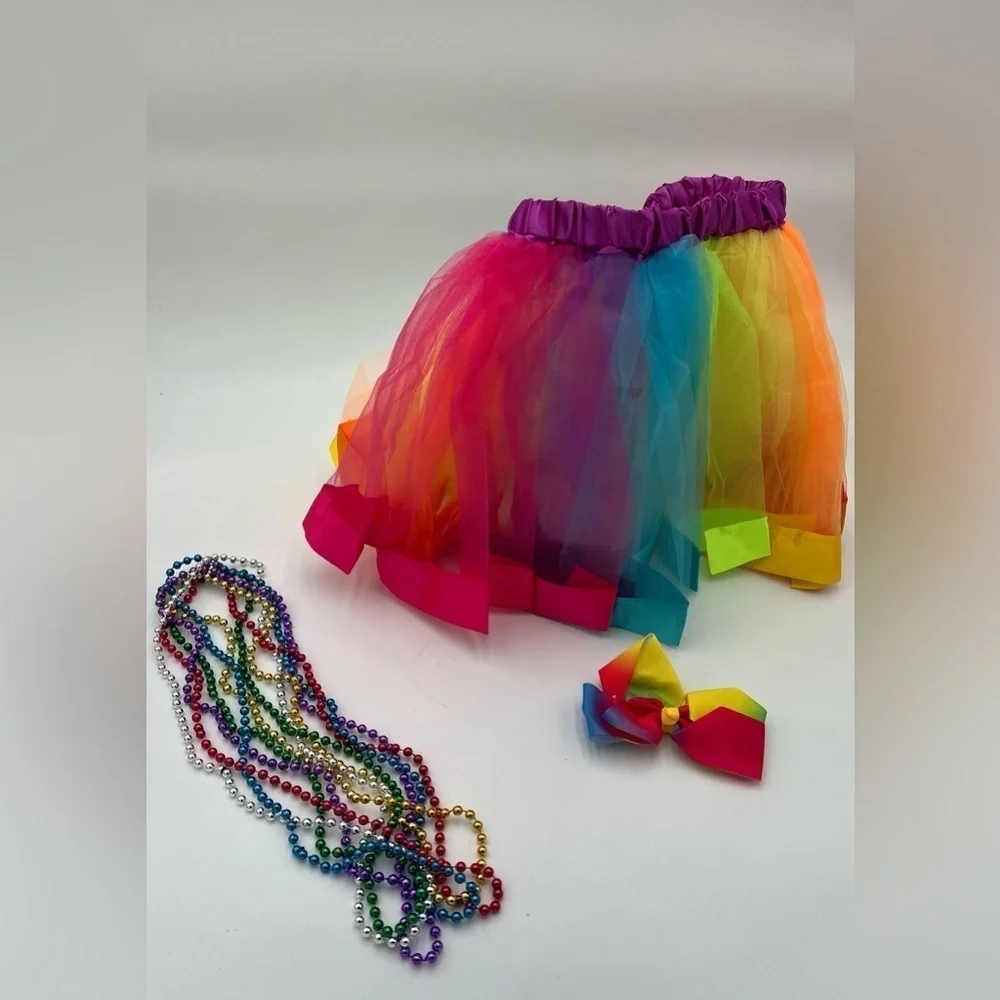 Colorful Kids Tutu, Bow, and Bead Set - Rainbow - Size L - New, Never Worn